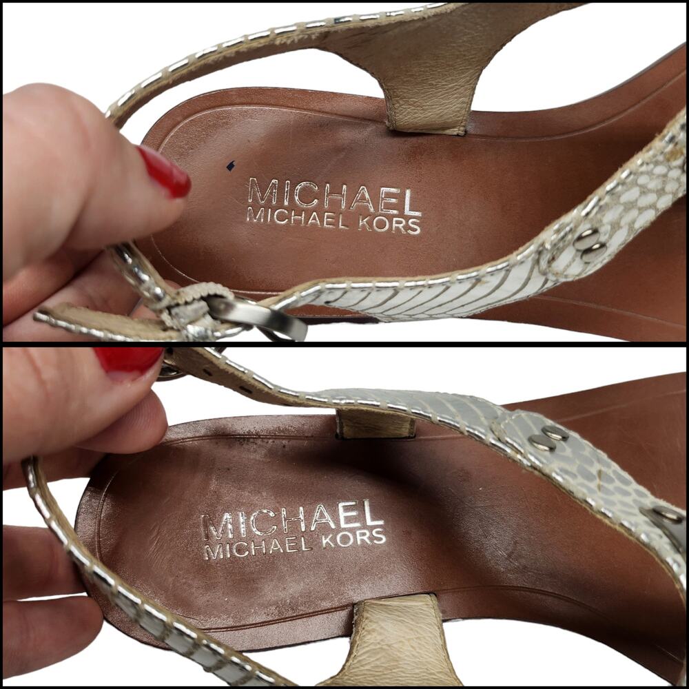 Michael Kors Shoes Womens 6 Silver Metallic Shiny Sandals Thong Ankle Strap - Picture 10 of 12